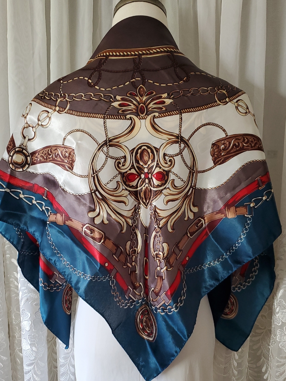 Ornate Chain & Floral Print Silk-Feel Scarf in Teal, Red & Cream